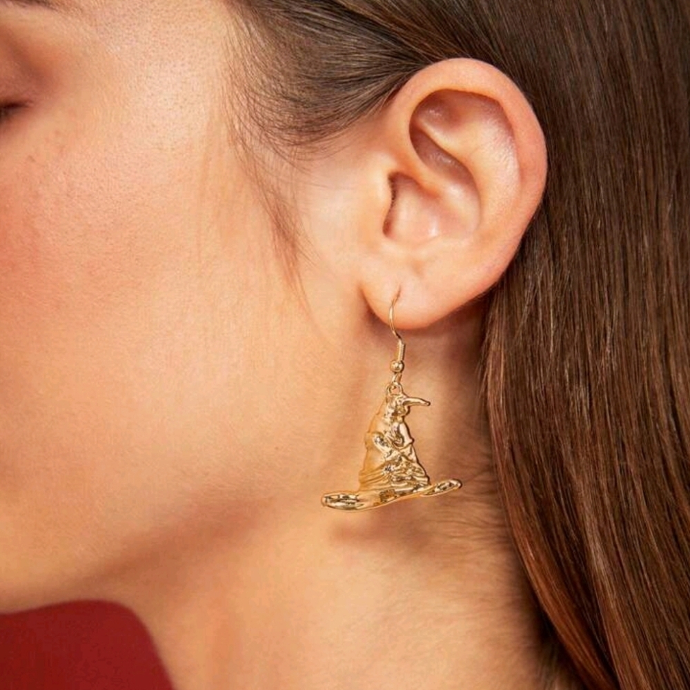 18K Gold Harry Potter Wizard‎ Magic Sorting Hat Hogwarts Dangle Womens Earrings